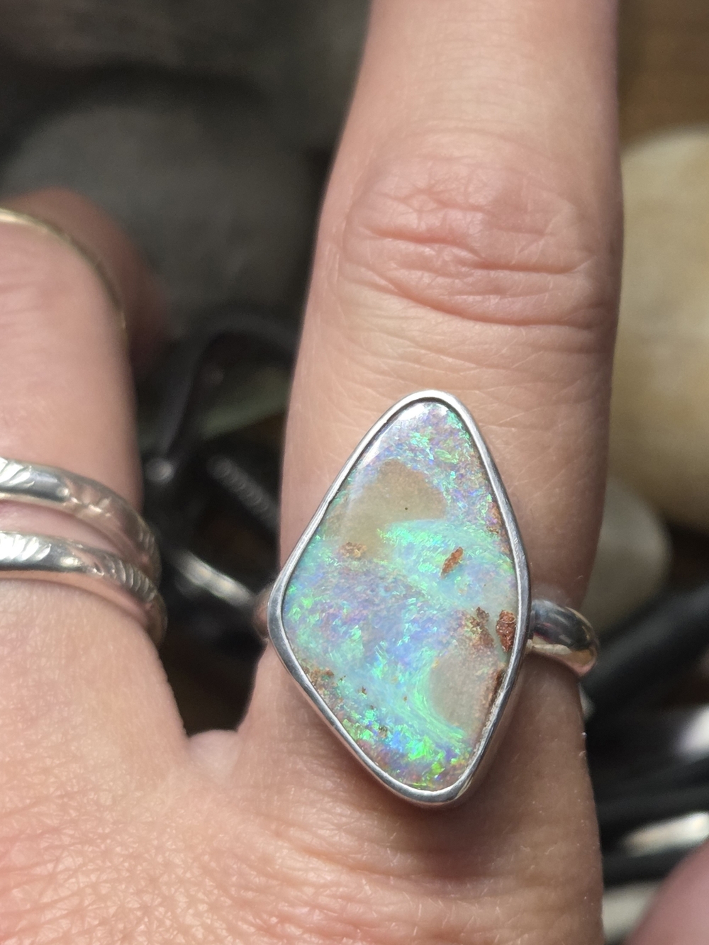 Sterling Silver Australian Opal Statement Ring - Iridescent Green-Blue. Size 7